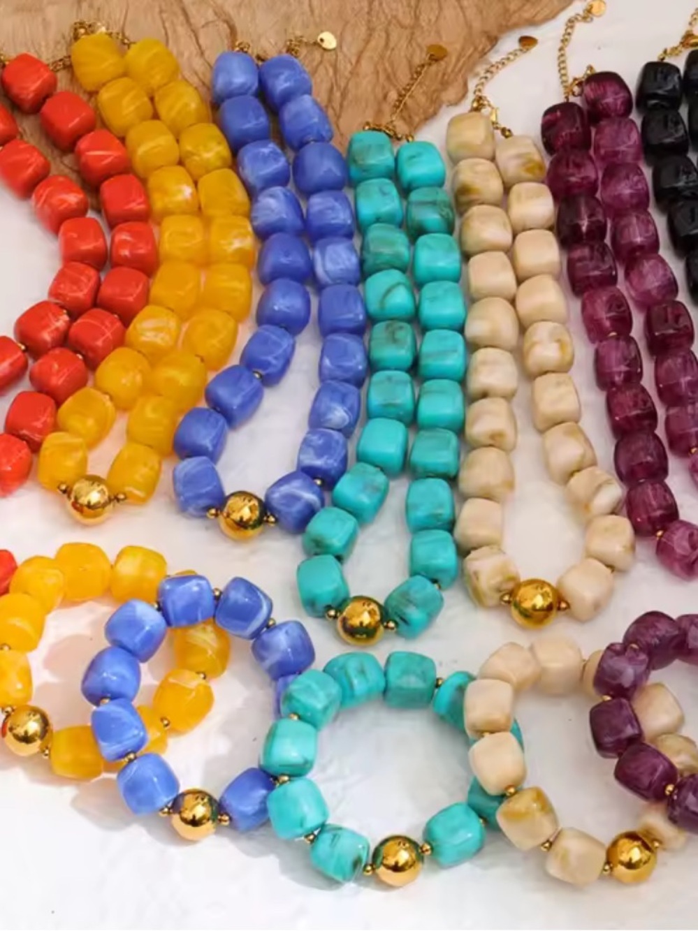Navy Marbled Bead Necklace with Gold Accent - Picture 5 of 6